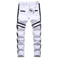 Punk Jeans Men Zipper Hip Hop Slim Fit White Bike Jeans Elastic Split Denim Pants Cotton Fashion Casual Jogging Male Clothing