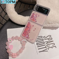 ZFlip4 Bling ของเหลวทรายไหลคริสตัลเคสสร้อยข้อมือลูกปัดสำหรับ Samsung Galaxy Z Flip 4 5G ZFlip3แววหรูหราสายฝาแข็ง