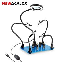 NEWACALOX เครื่องมือเชื่อมมือที่สามคลิปหนีบแบบถาวรบอร์ด PCB แม่เหล็ก3ชิ้นช่วยบัดกรีแขนยืดหยุ่นแว่นขยายแอลอีดี3ชิ้น