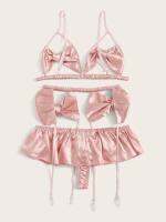 Clarissali Dew Pieces Bow Dot Crotchless Panties Garter Outfit See Through