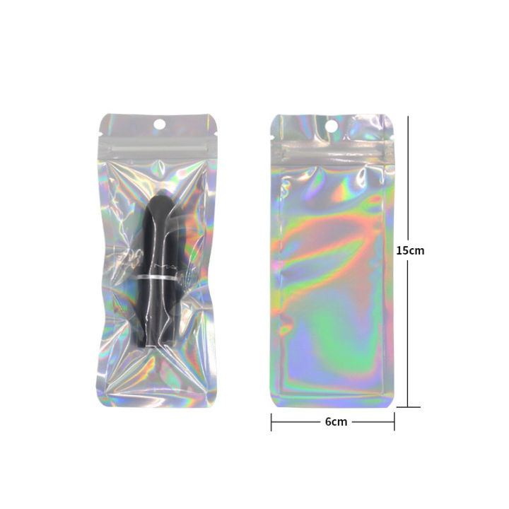 120pcs-ยาวรูปร่าง-holographic-ฟอยล์ปากกากระเป๋า-iridescent-สีชมพูใส-ziplock-ของขวัญ-hangbag-สำหรับเครื่องสำอางตัวอย่างขายปลีกพลาสติก-pouches