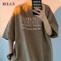 IELGY เสื้อยืดไหล่ตกแบรนด์อินเทรนด์หลวมเสื้อสำหรับผู้ชายย้อนยุค