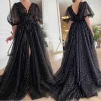 Graceful Black Dotted Tulle Short Puff Sleeves Prom Dresses V Neck Sweep Train Evening Party Gowns