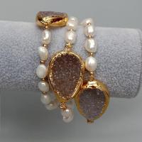 KKGEM 3 Strands 7x10mm natural White Baroque Freshwater Pearl Teardrop 25x35mm Quartz Druzy rough statement celet 8"