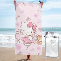 Hello Kitty ผ้าขนหนูชายหาดผ้าเช็ดตัวไมโครไฟเบอร์แห้งเร็วดูดซับอย่างอ่อนโยนผ้าเช็ดตัวตั้งแคมป์ยิมว่ายน้ำโยคะผ้าเช็ดตัวกับกระเป๋าเก็บของ