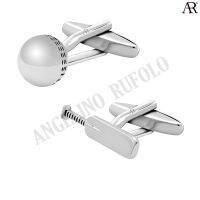 ANGELINO RUFOLO Cufflink(คัฟลิงค์) ดีไซน์ Cricket &amp; Ball กระดุมข้อมือคัฟลิ้งโรเดียมคุณภาพเยี่ยม ตัวเรือนสีเงิน