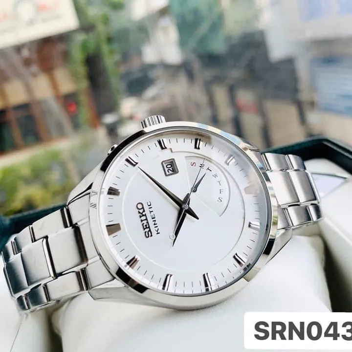 Đồng hồ Nam chính hãng Seiko Kinetic Solar SRN043P1 Automatic Size 42,Mặt  trắng,Lịch thứ ngày-Máy cơ bán tự động-Dây kim loại thép cao cấp 