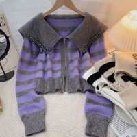 [COD] Striped Lapel Cardigan Sweater 2022 New Korean Loose Short Long-sleeved Knitted Jacket