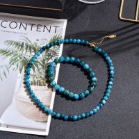 ZZOOI 6mm Apatite Short Choker Necklace with Lobster Clasp Bracelet Beaded Tiny Dainty Minimalist Jewelry Sets for Women