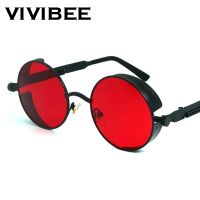 VIVIBEE Vintage Steampunk Red Sunglasses Men Round Punk Alloy Metal Retro Sun Glasses Women 2023 Goggles Gothic Style Shades