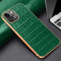 ♞✕∈ Electroplated Edge Crocodile Texture Top Layer Cowhide Leather Back Cover Shockproof Case For iPhone 13