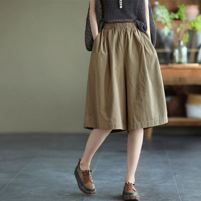 [Spot] retro cotton casual pants womens elastic waistband slimming wide-leg pants casual solid color large size wide-leg pants 2023