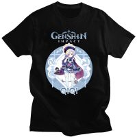 มีสินค้า Kawaii Tshirt ตัวอักษร Qiqi Genshin เกมผลกระทบกราฟิกเสื้อยืด Tees การ์ตูนสำหรับวัยรุ่น Harajuku คู่ Kemeja Lengan Pendek