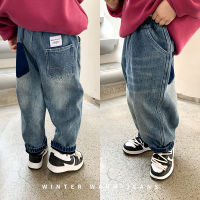 Childrens pants boys and girls 2022 winter Korean style thickened integral velvet vintage jeans baby Western style straight-leg pants