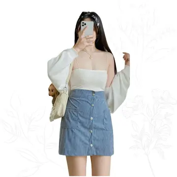 Corduroy skirt outfit top korean