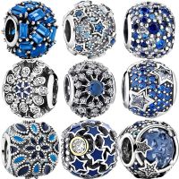 New Pave Blue Zircon Stars Snowflake Shining Fashion Round Beads Fit Original Pandora Charms Silver Color Bracelet Women Jewelry