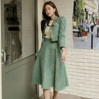 SMTHMA New Two 2 Piece Set Vintage Green Plaid Short Jacket Coat Women High Waist Mid-length Woolen Skirt Two-Piece Suits