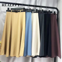 REALEFT 2021 New Spring Summer Umbrella Womens Skirts with Belted High Waist Solid Elegant A-Line Female Office Mi-Long Skirts