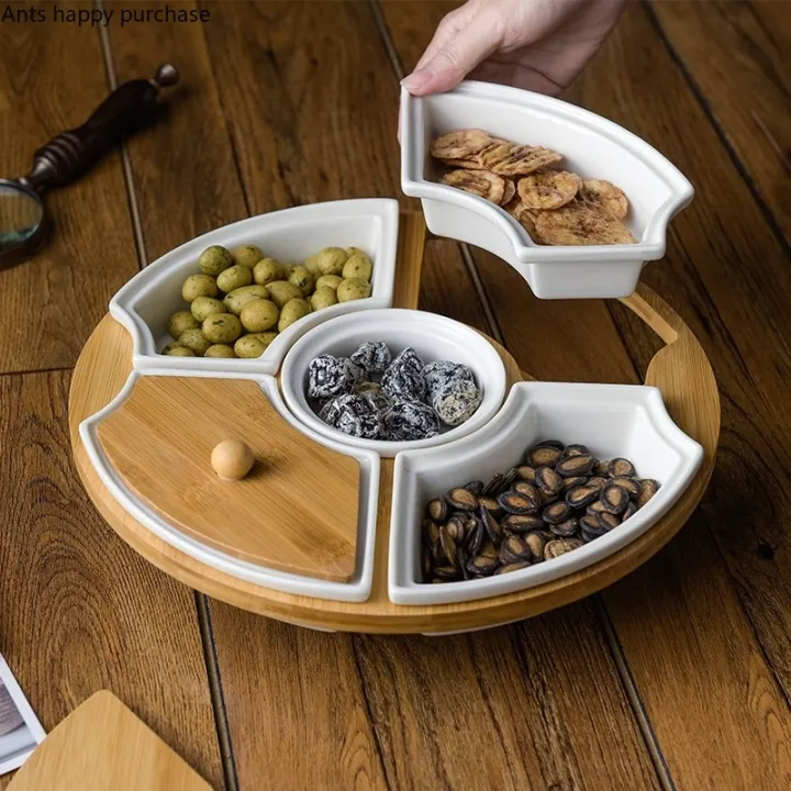Five Grid Rotating Platter Home Ceramics Dried Fruit Plate With Wooden ...