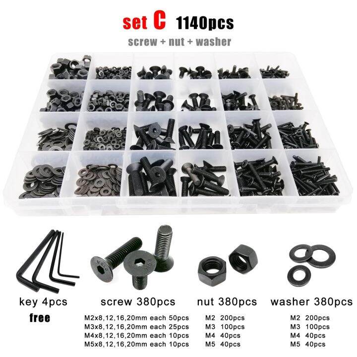 haotao-hardware-m3-m2-5-m1-6-m2-m4-m5เหล็ก10-9เกรดสีดำซ็อกเก็ตหกเหลี่ยมแบน-countersunk-หัวสกรูชุดชุดเครื่องซักผ้าแหวนน็อต