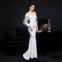 South Korean satin cloth full process lace hot European Diamond Long Sleeve evening dress tail skirt