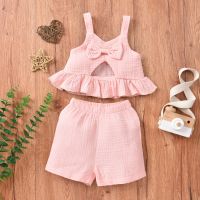 Toddler Infant Solid Outfits 2pcs Suits Newborn Baby Girls Hollow Out V-neck Ruffle Tank Top Bowknot + Shorts Knitted Outwear  by Hs2023