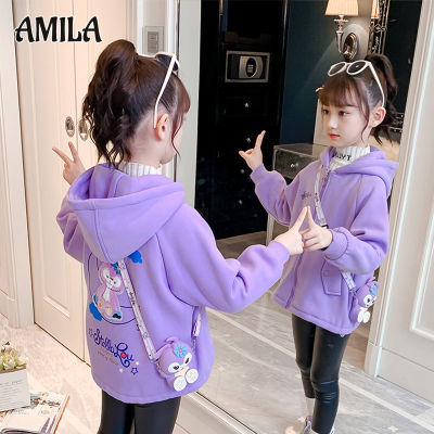 เสื้อสเวตเตอร์ผ้าฟลีซหนาลายน้ำค้าง AMILA แจ็คเกตเด็กผู้หญิงเสื้อลำลองมีฮู้ด