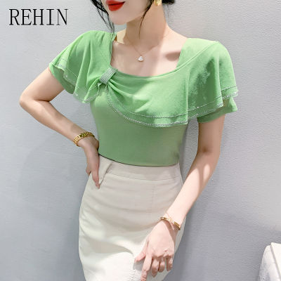 REHIN เสื้อยืดผู้หญิงแขนสั้นประดับพลอยเทียมการออกแบบที่ไม่เหมือนใครเข้ารูปพอดีไหล่เดียวมาใหม่