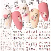 ☇ 12 Styles Nail Water Decals Abstract Lady Face Pattern Nail Stickers Color Block Lines Leaf Flowers Sliders Manicures Foils Tips