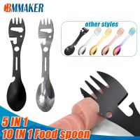 Outdoor Camping Stainless Steel MultiFunction 5 In 1 Integrated Spoon Fork Tableware Dishware Picnic Cutting Knife Bottle Opener