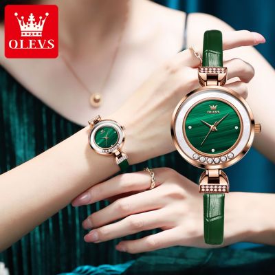 OLEVS นาฬิกาหนังแท้สำหรับผู้หญิงสไตล์เกาหลีกันน้ำเดิมหน้าปัดเพชรคู่นาฬิกาข้อมือสตรีสีเขียว/สีดำ