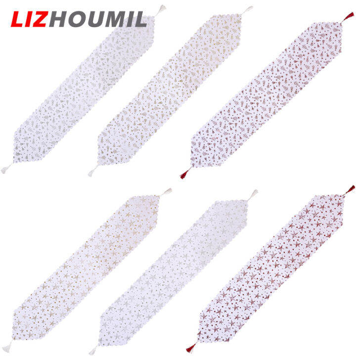 lizhoumil-ผ้าปูโต๊ะสีขาวปั๊มทองสำหรับตกแต่งปาร์ตี้คริสต์มาส