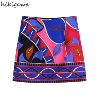 Hikigawa Chic Fashion Women Skirts With Darts Printed Mini Skirt Vintage High Waist Side Zipper Female Skirts Mujer Faldas