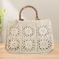 Bamboo Handle Handbags Bohemian Rope Crochet Tote National Style Knitting Shoulder Bag Hollow Travel Beach Bags for Women 2023