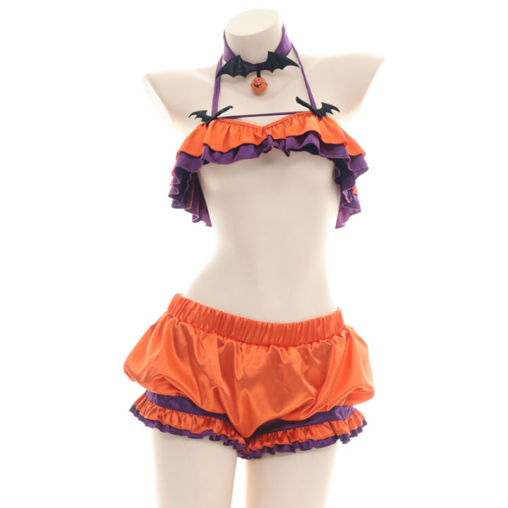 2021Halloween Sexy Suit Japanese Lolita Pumpkin Biniki Shorts Devil Bat Bell Underwear Set Cosplay Female Lingerie 2pcs Set