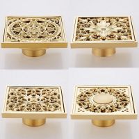 Golden 4 inch Square Shower Drain Bathroom Floor Waste Drain European-style Carved Pattern Brass Washing Machine Floor Drain  by Hs2023