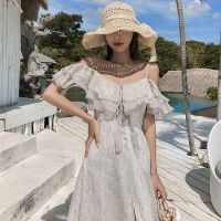 Shiny printed word shoulder falbala sexy backless condole connect dress skirt seaside vacation fairy