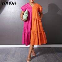 ◇❈¤ VONDA Women Casual Short Sleeve V Neck Color Patchwork Loose Pleated Long Dress