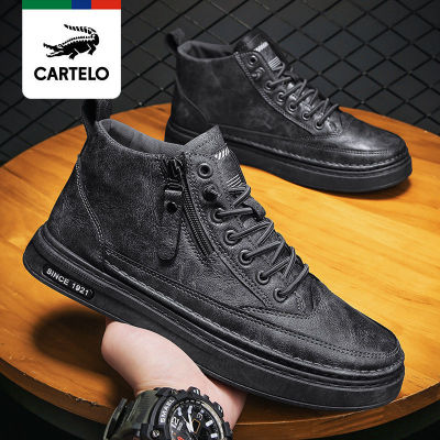 CARTELO รองเท้าผ้าใบหุ้มข้อสีดำสำหรับผู้ชาย,รองเท้าแฟชั่นผู้ชายรองเท้ากีฬาสำหรับเด็กผู้ชายรองเท้าหนังขนาดเล็กรองเท้าบูทลายหินอ่อน QGL187