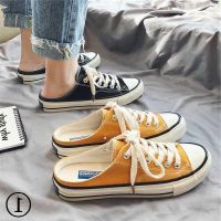 COD DSFGREYTRUYTU Summer Influencer Lace-Up Half Slippers Men Women Canvas Shoes Couple Korean Version Versatile Lazy