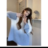 COD HotsellingLoose gradient design V-neck woolen knitted sweater womens long-sleeved lazy