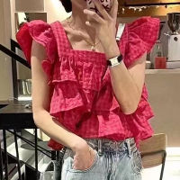 Elegant Sweet Layered Ruffled เสื้อสแควร์คอปกเสื้อชีฟองผู้หญิงฤดูร้อน2023แขนกุดหลวมเค้ก Casual Top สุภาพสตรี27600