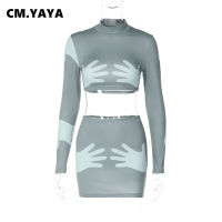 CM.YAYA Fashion Women Hand 3d Printed Bodycon Midi Mini Skirt Dress Suit and Long Sleeve Crop Tee Top Two 2 Piece Set Outfits