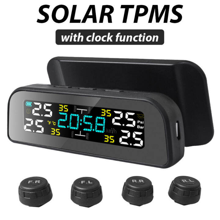 TPMS Wireless Tire Pressure Monitoring System Solar Power Clock LCD Display 4 External Sensor