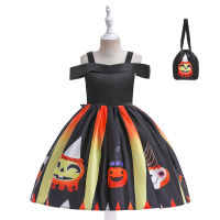 Halloween Childrens Clothing Girls Witch Princess Gown Dress Childrens Cos Pumpkin Print Dress