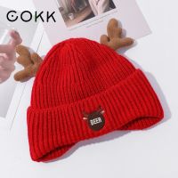 COKK Christmas Antler Knitted Hat Women Winter Beanie Ear Protection Thick Warm Winter Hats For Women Bonnet Winter Cap Female