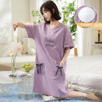 ฤดูร้อนใหม่ผู้หญิงแขนสั้น Nightdress กับแผ่นหน้าอกผ้าฝ้ายรอบคอ Night ชุดลำลอง Nightgown Dress