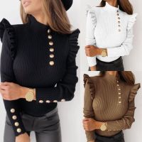 【CW】 Sleeve Rib Blouse Turtleneck Buttons Ruffle Sweater Women  39;s Clothing свитера женские 2021 Pull