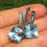 Kuhong เบาะต่างหูผู้หญิงตัดจี้คิวบิกเซอร์โคเนียสีฟ้าเรียบง่ายทันสมัยสร้อยคอประดับ Anting-Anting Anak Perempuan