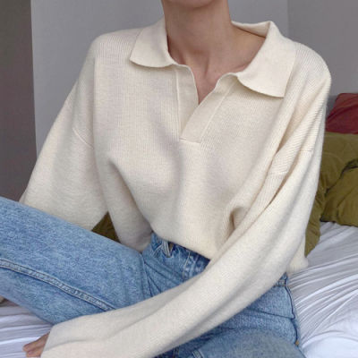 Basic Sweater with Collar High V Neck Pullover Casual Autumn Winter Womens Sweaters Vintage Beige Knitted Sweater Women